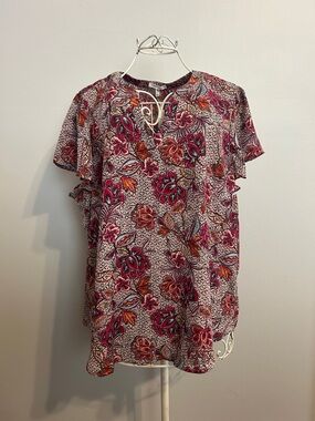 Maurices Floral Flutter-Sleeve Blouse in Burgundy, Pink and Orange